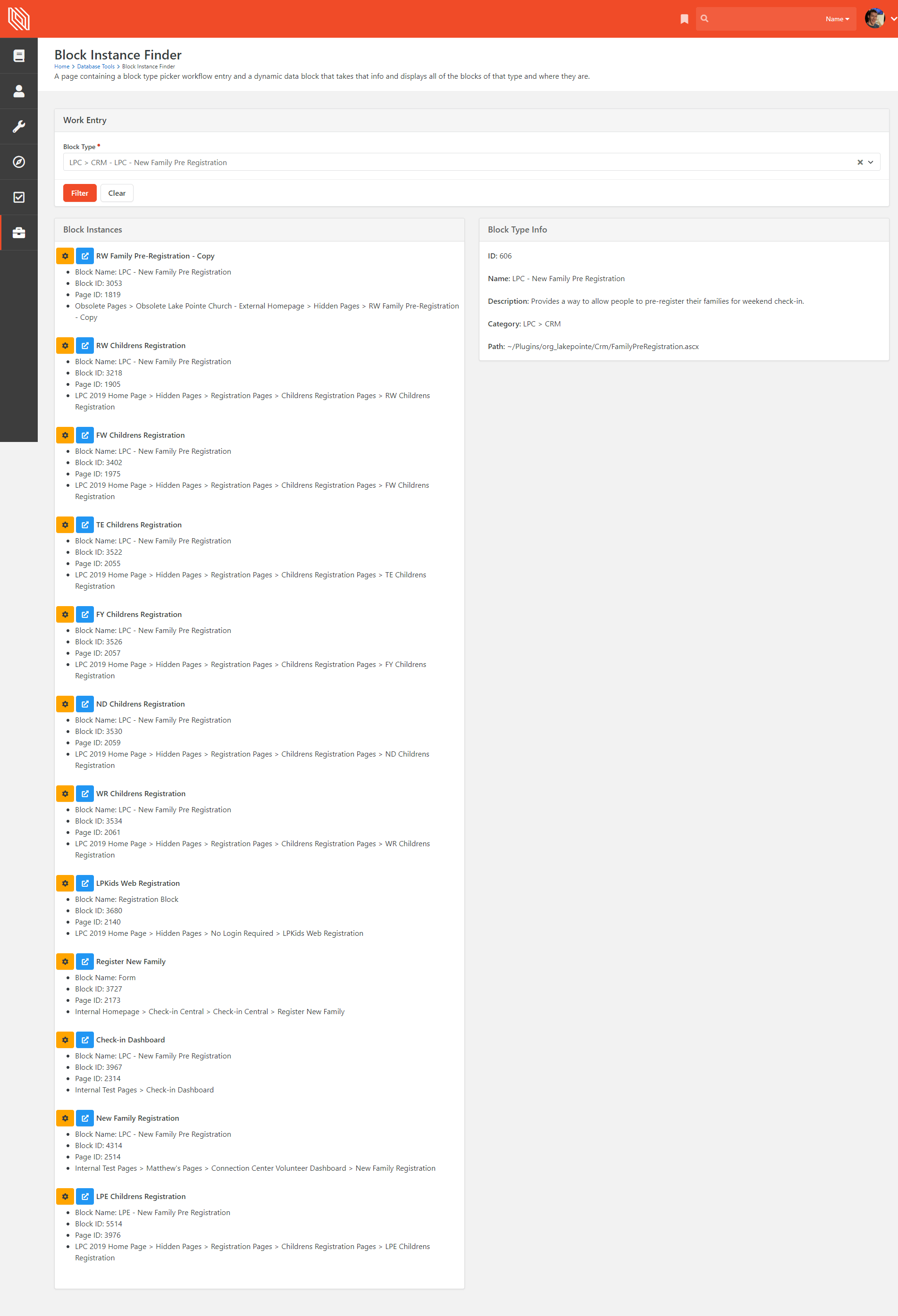 The page that is the final product. Shows a block selected in the block picker and a list of block instances that were found with data about them