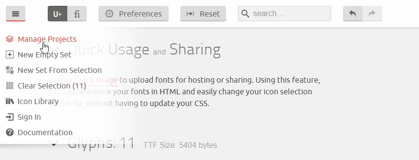 IcoMoon Manage Projects menu item