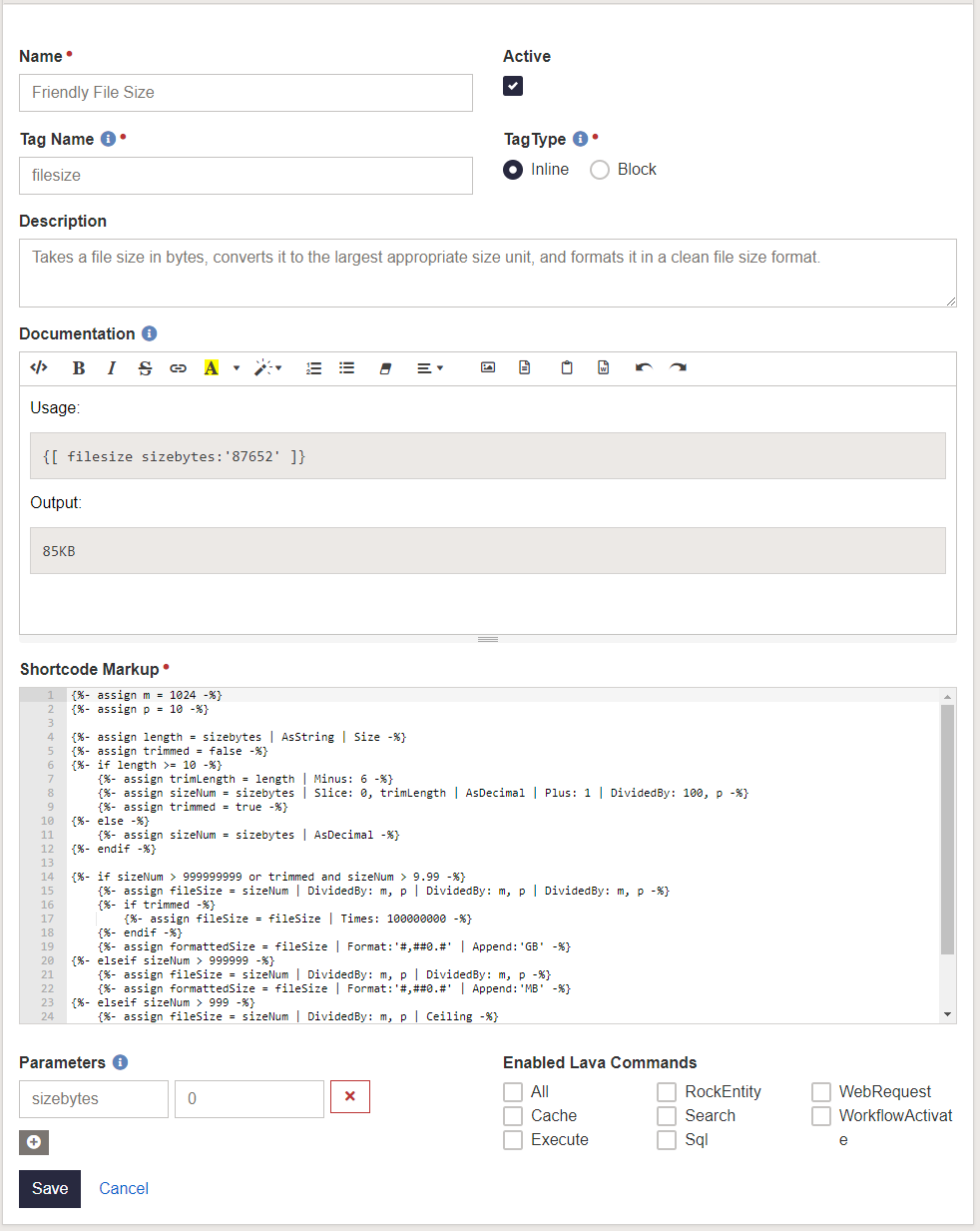 Friendly File Size shortcode settings