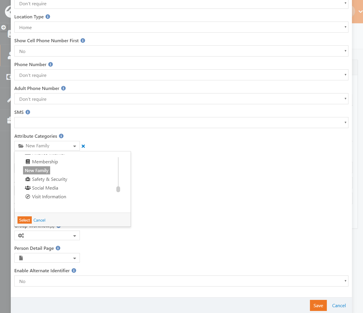 New Family block settings
