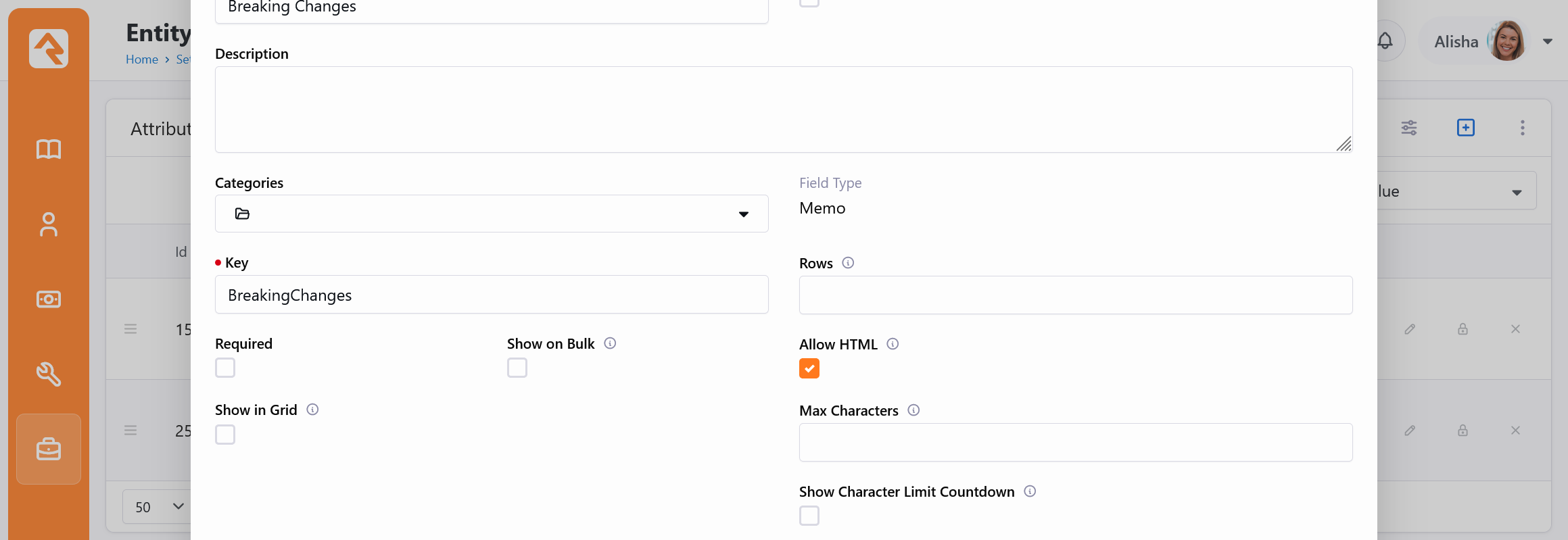 Editing the Breaking Changes Memo attribute with Allow HTML checked