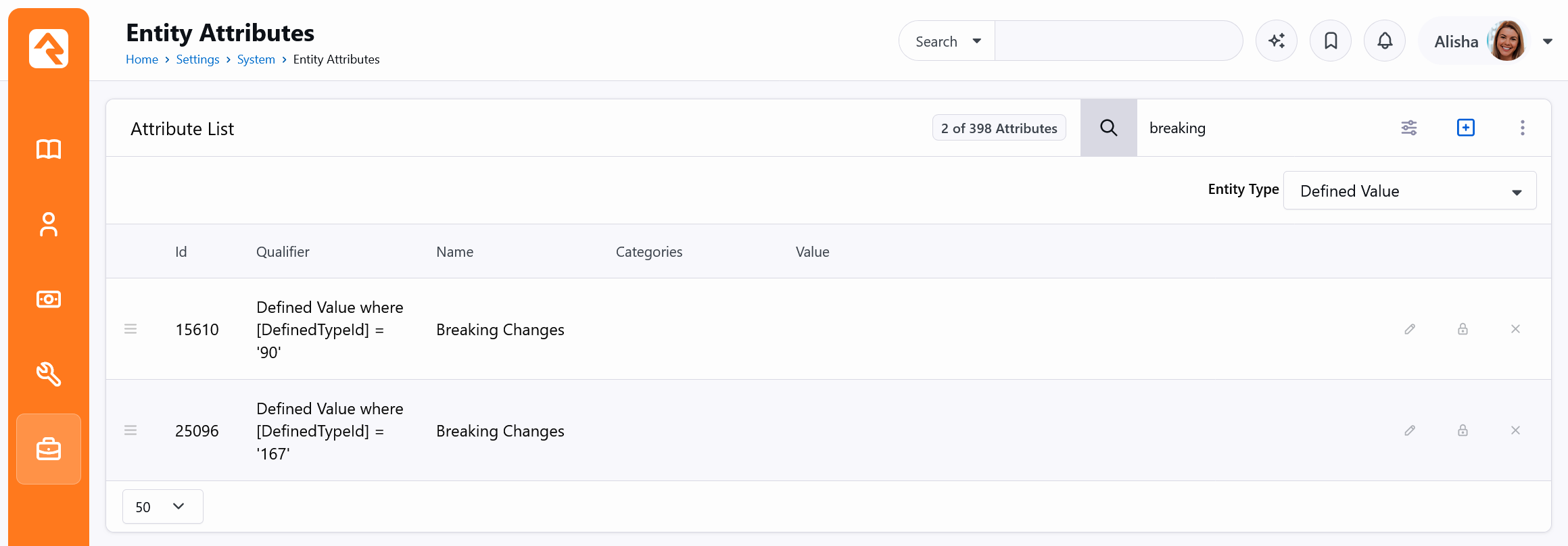 The Entity Attributes page filtered to two Defined Value attributes named Breaking Changes, with Ids 15610 and 25096