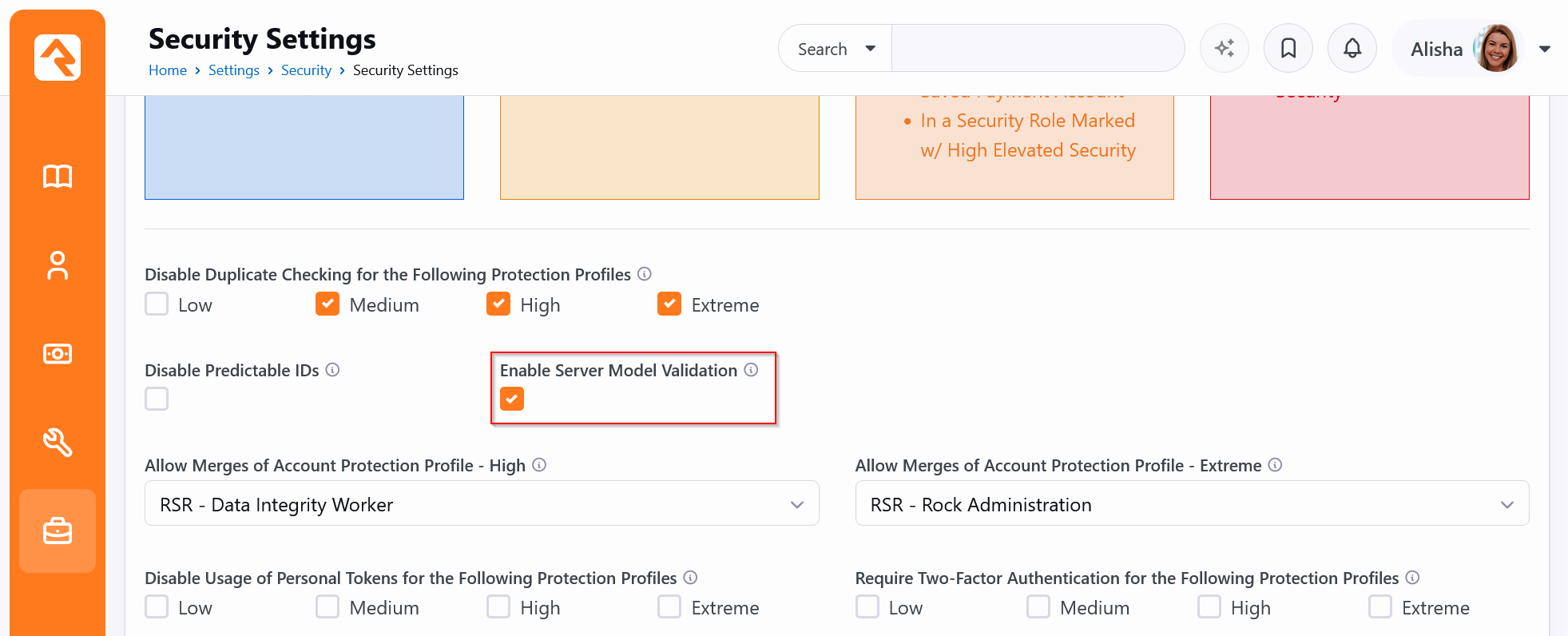 The Enable Server Model Validation setting checked on the Security Settings page